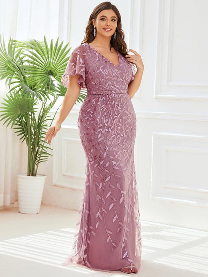 pretty DIONE|Fashion Plus Size V Neck Mermaid Sequin & Tulle Evening Dress
