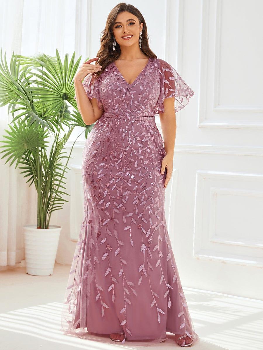 pretty DIONE|Fashion Plus Size V Neck Mermaid Sequin & Tulle Evening Dress