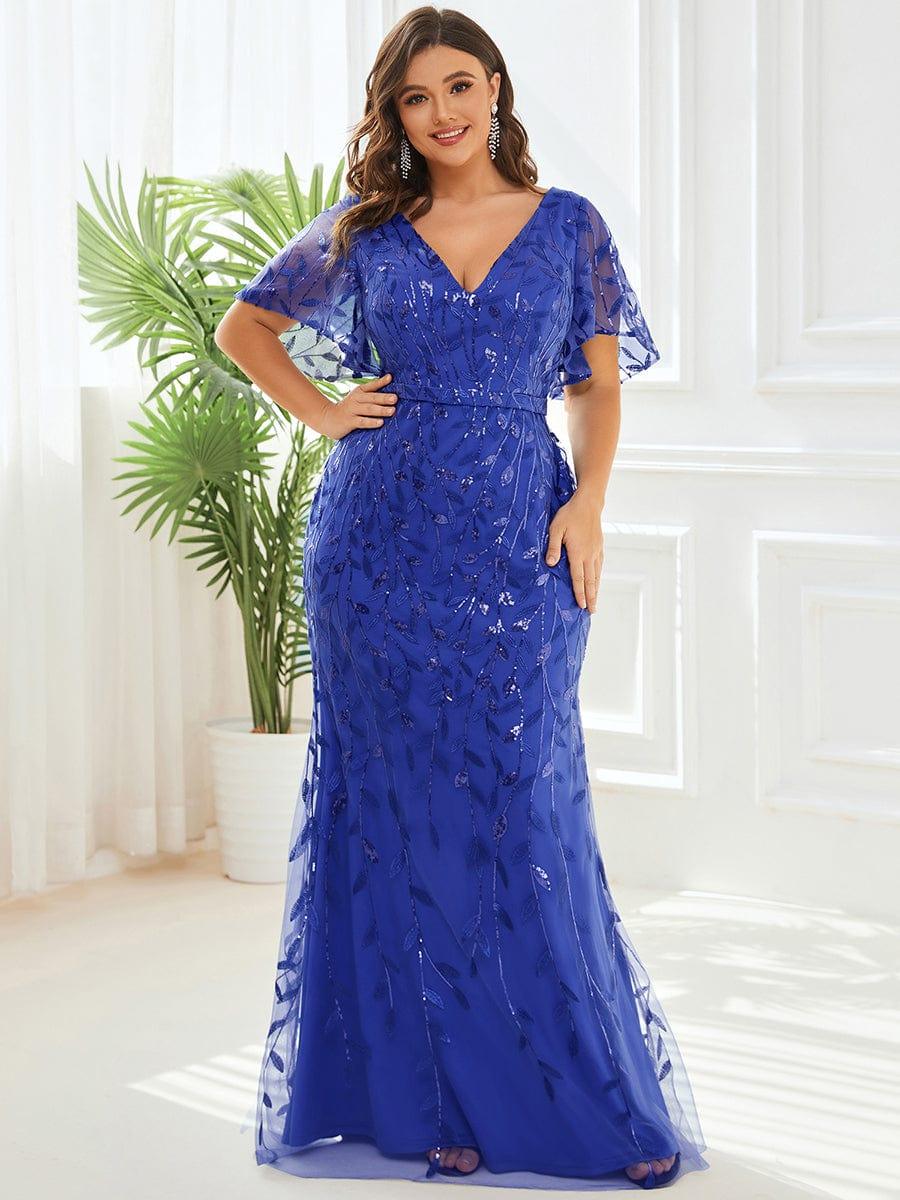 pretty DIONE|Fashion Plus Size V Neck Mermaid Sequin & Tulle Evening Dress