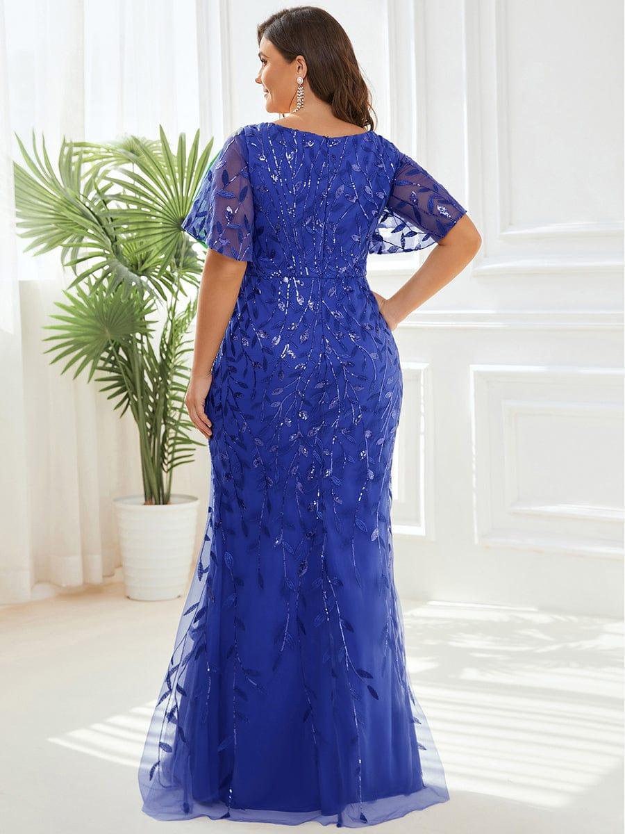 pretty DIONE|Fashion Plus Size V Neck Mermaid Sequin & Tulle Evening Dress