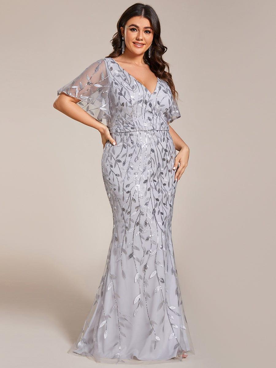 pretty DIONE|Fashion Plus Size V Neck Mermaid Sequin & Tulle Evening Dress