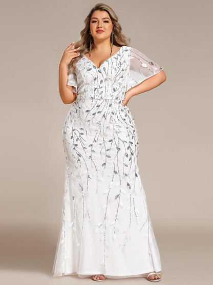pretty DIONE|Fashion Plus Size V Neck Mermaid Sequin & Tulle Evening Dress