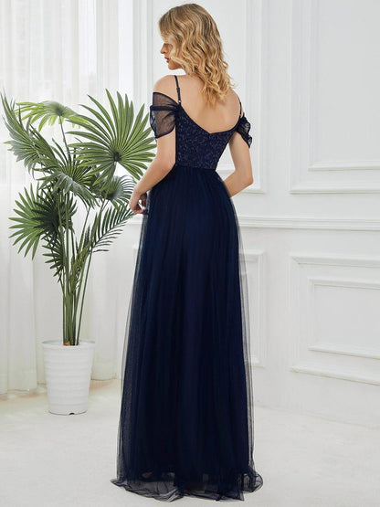 Sequin Bodice Cold Shoulder Floor Length Tulle Bridesmaid Dress