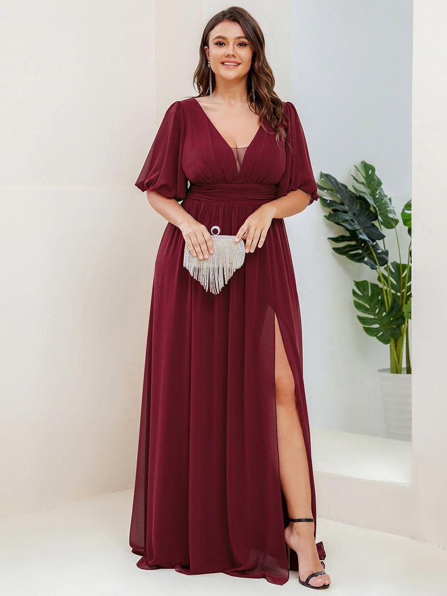 pretty MADISON|Plus Size V-Neck Front Slit Chiffon Evening Dress