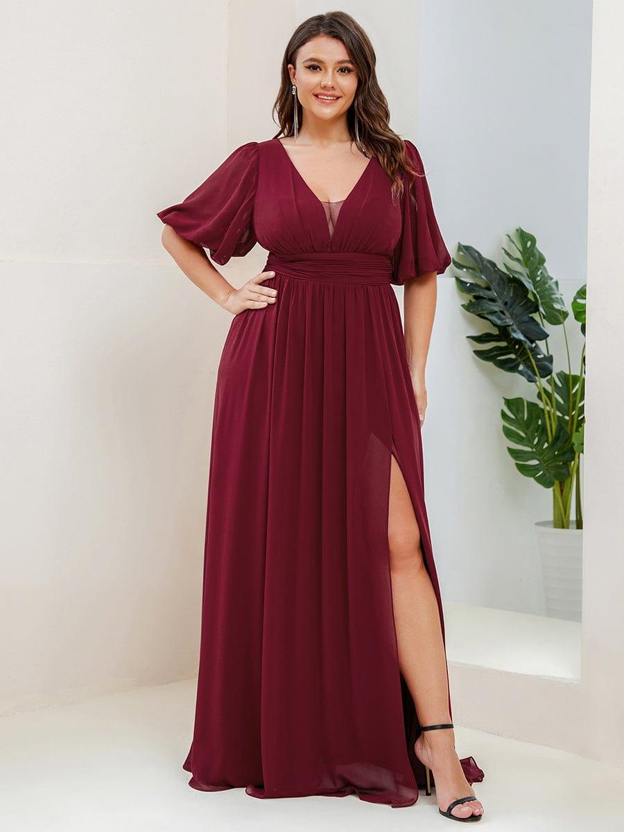 pretty MADISON|Plus Size V-Neck Front Slit Chiffon Evening Dress