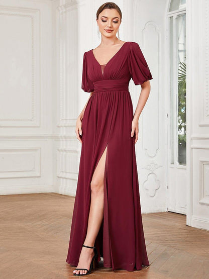 ever MADISON|Chiffon Illusion V-Neck Flutter Sleeve Front Slit Evening Dress
