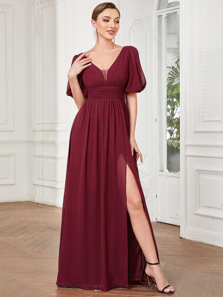ever MADISON|Chiffon Illusion V-Neck Flutter Sleeve Front Slit Evening Dress