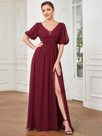 ever MADISON|Chiffon Illusion V-Neck Flutter Sleeve Front Slit Evening Dress