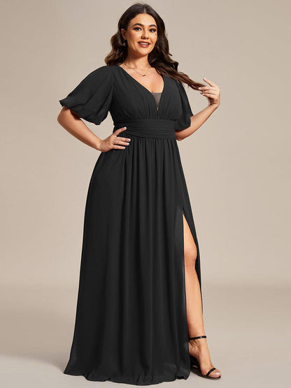 pretty MADISON|Plus Size V-Neck Front Slit Chiffon Evening Dress
