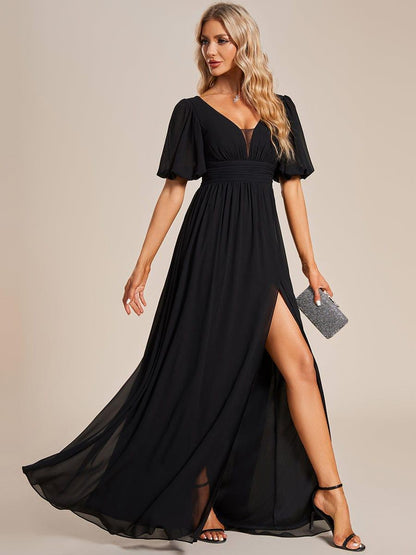ever MADISON|Chiffon Illusion V-Neck Flutter Sleeve Front Slit Evening Dress