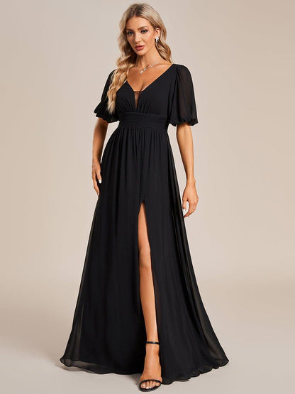 ever MADISON|Chiffon Illusion V-Neck Flutter Sleeve Front Slit Evening Dress