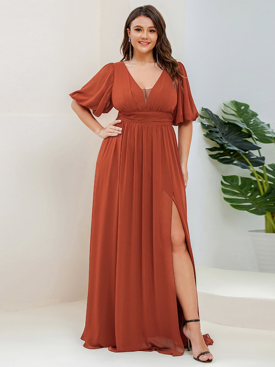 ever MADISON|Chiffon Illusion V-Neck Flutter Sleeve Front Slit Evening Dress