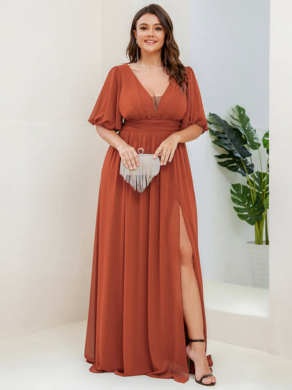 pretty MADISON|Plus Size V-Neck Front Slit Chiffon Evening Dress
