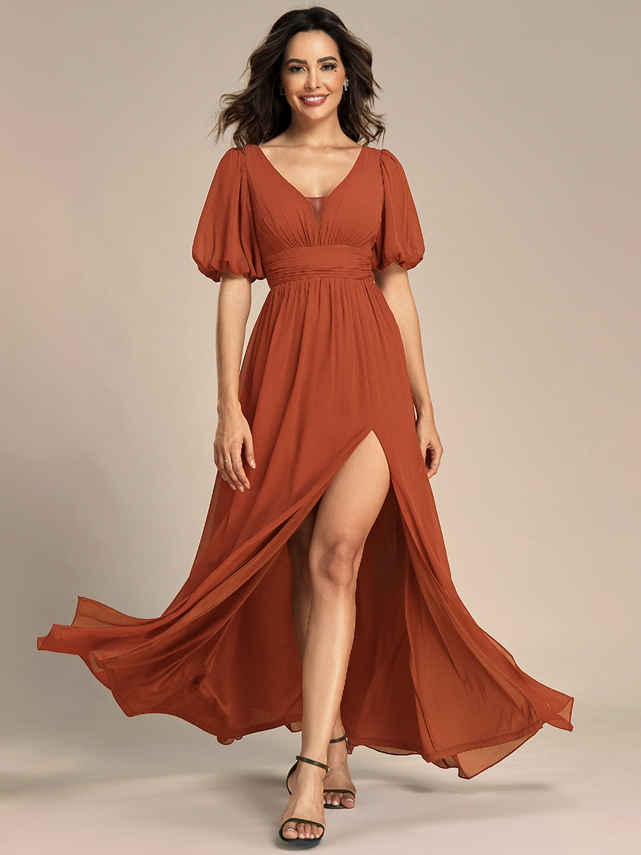 ever MADISON|Chiffon Illusion V-Neck Flutter Sleeve Front Slit Evening Dress