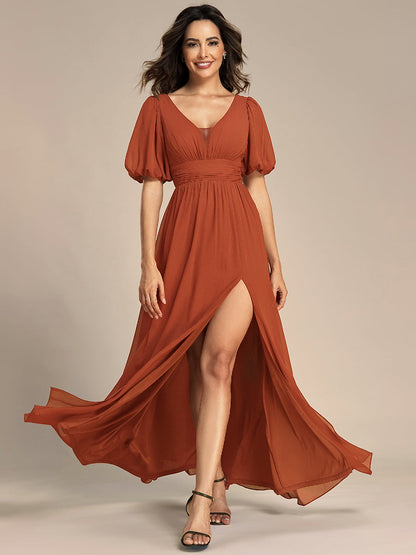 ever MADISON|Chiffon Illusion V-Neck Flutter Sleeve Front Slit Evening Dress