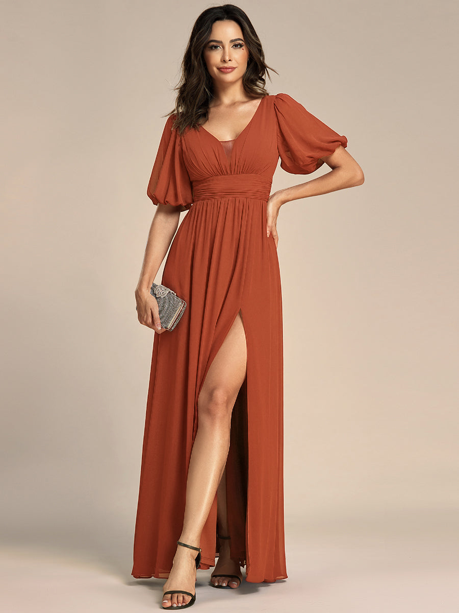ever MADISON|Chiffon Illusion V-Neck Flutter Sleeve Front Slit Evening Dress