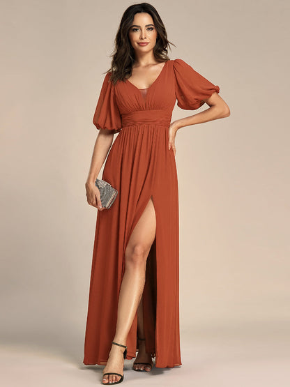 ever MADISON|Chiffon Illusion V-Neck Flutter Sleeve Front Slit Evening Dress