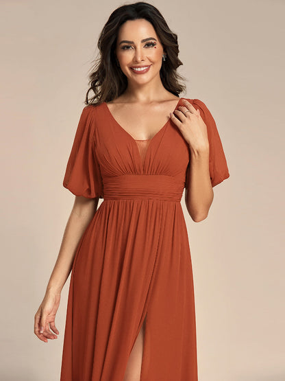 ever MADISON|Chiffon Illusion V-Neck Flutter Sleeve Front Slit Evening Dress