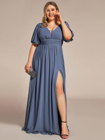 ever MADISON|Chiffon Illusion V-Neck Flutter Sleeve Front Slit Evening Dress