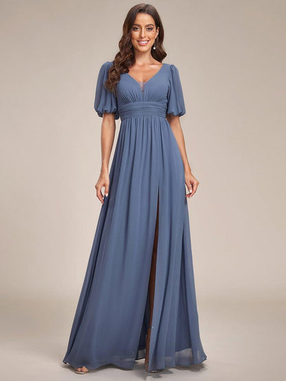 ever MADISON|Chiffon Illusion V-Neck Flutter Sleeve Front Slit Evening Dress