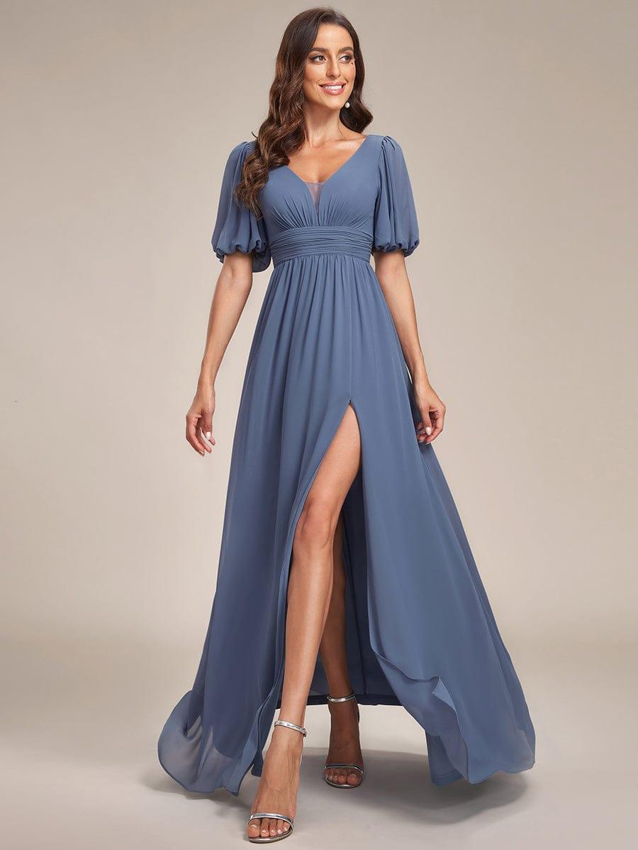 ever MADISON|Chiffon Illusion V-Neck Flutter Sleeve Front Slit Evening Dress