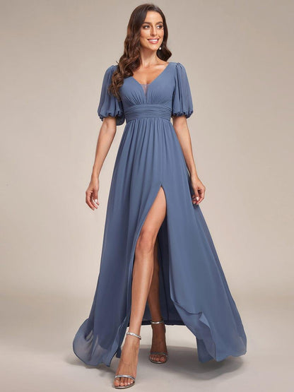 ever MADISON|Chiffon Illusion V-Neck Flutter Sleeve Front Slit Evening Dress