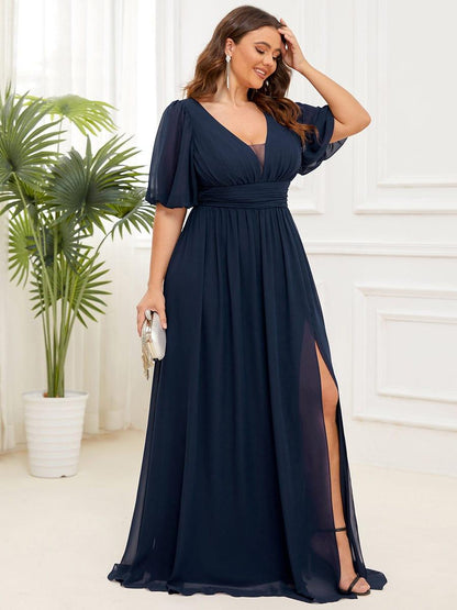 pretty MADISON|Plus Size V-Neck Front Slit Chiffon Evening Dress