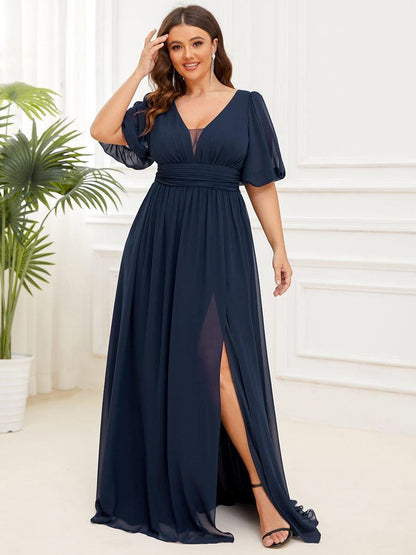 pretty MADISON|Plus Size V-Neck Front Slit Chiffon Evening Dress