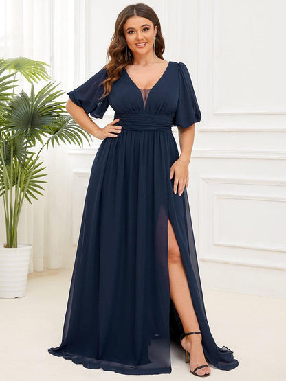 ever MADISON|Chiffon Illusion V-Neck Flutter Sleeve Front Slit Evening Dress