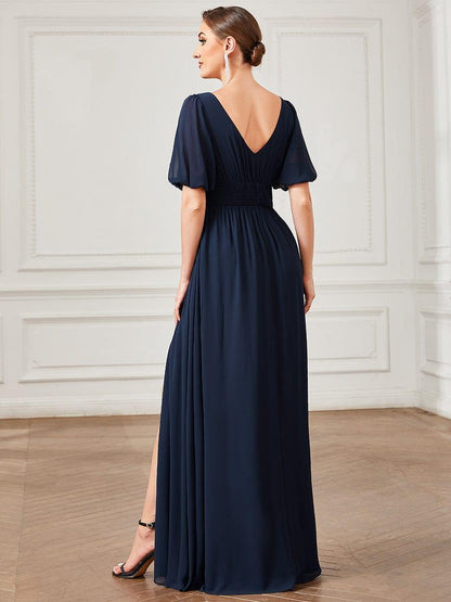 ever MADISON|Chiffon Illusion V-Neck Flutter Sleeve Front Slit Evening Dress