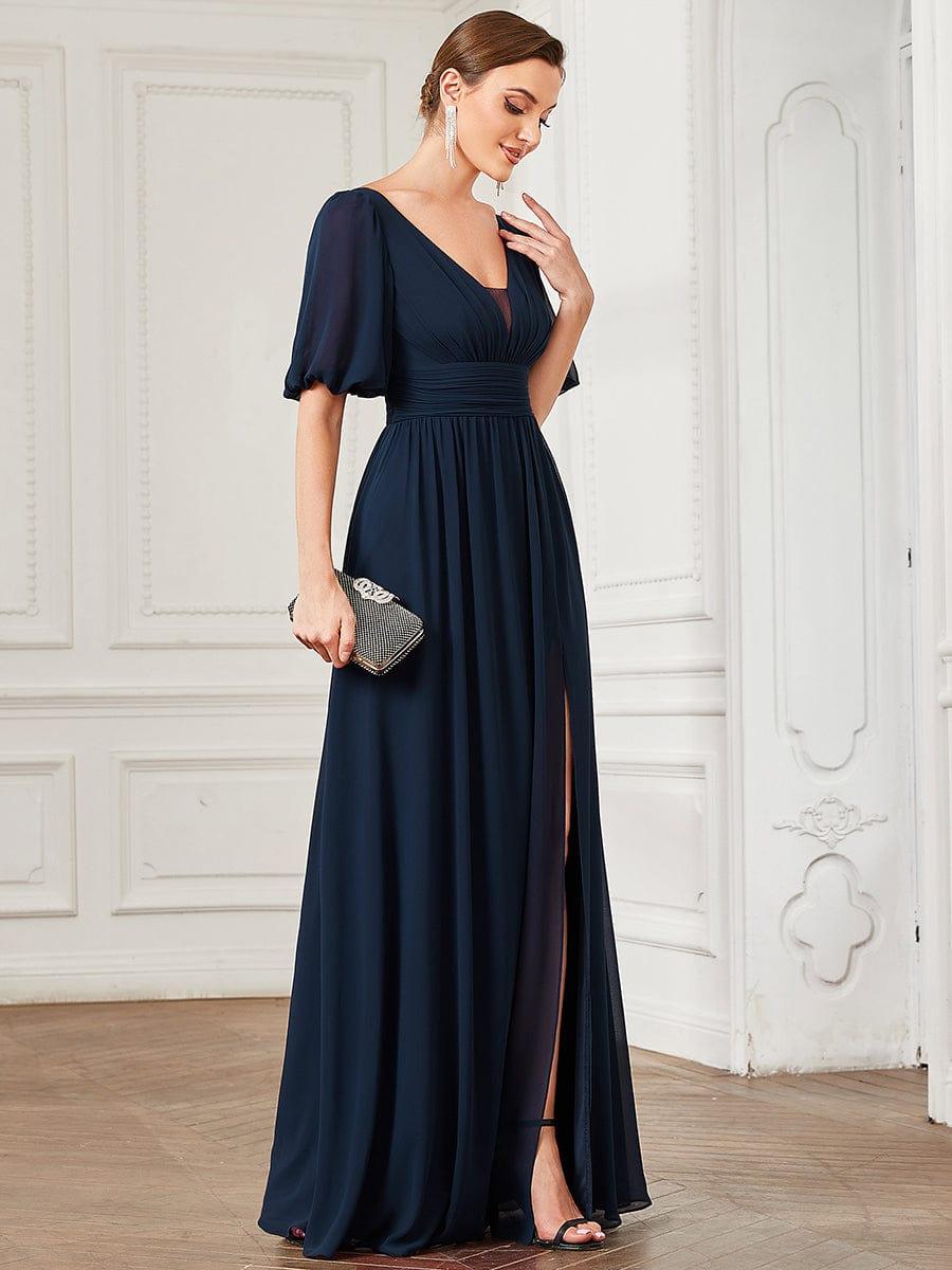 ever MADISON|Chiffon Illusion V-Neck Flutter Sleeve Front Slit Evening Dress