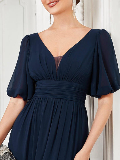 ever MADISON|Chiffon Illusion V-Neck Flutter Sleeve Front Slit Evening Dress