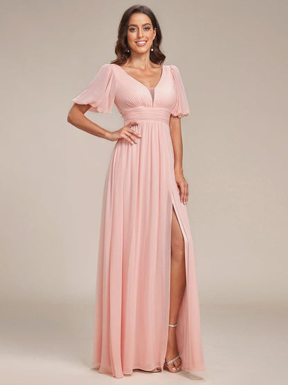 ever MADISON|Chiffon Illusion V-Neck Flutter Sleeve Front Slit Evening Dress