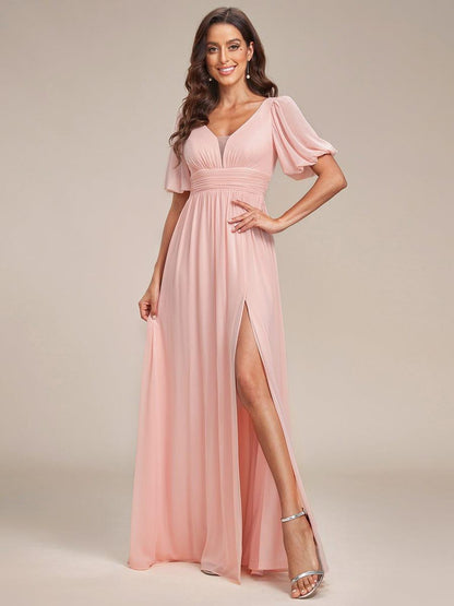 ever MADISON|Chiffon Illusion V-Neck Flutter Sleeve Front Slit Evening Dress