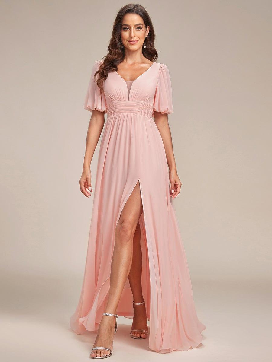 ever MADISON|Chiffon Illusion V-Neck Flutter Sleeve Front Slit Evening Dress