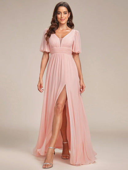 ever MADISON|Chiffon Illusion V-Neck Flutter Sleeve Front Slit Evening Dress