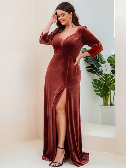 Plus Size Velvet Plunging V-Neck Front Slit 3/4 Sleeve Evening Dress