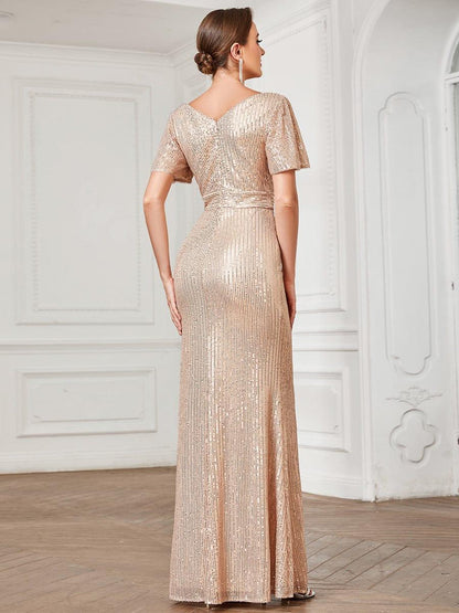 ever ANA|Sequin V-Neck Short Sleeve Empire Waist Evening Dress