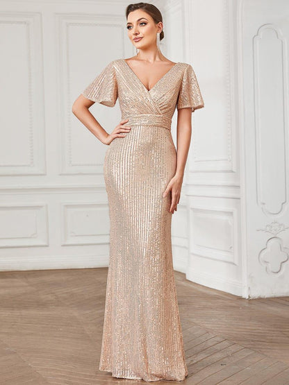 ever ANA|Sequin V-Neck Short Sleeve Empire Waist Evening Dress