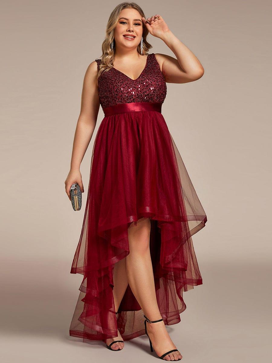 pretty CALLIE|Plus Size Sleeveless Sequin Ribbon Waist Tulle High Low Evening Dress