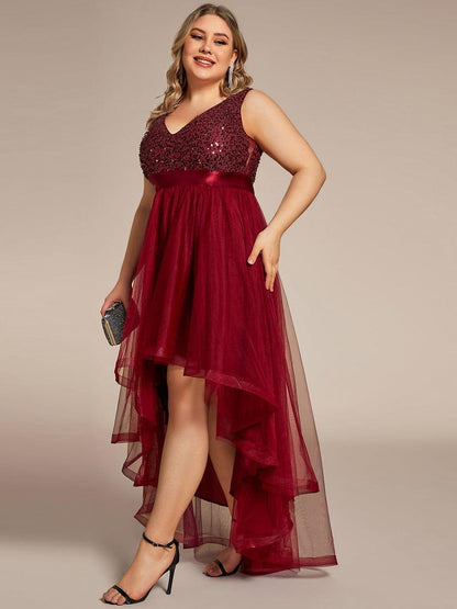 pretty CALLIE|Plus Size Sleeveless Sequin Ribbon Waist Tulle High Low Evening Dress