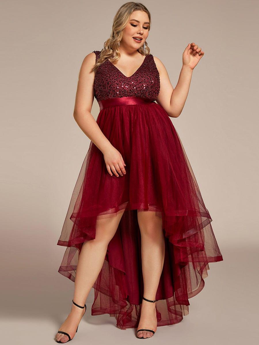 pretty CALLIE|Plus Size Sleeveless Sequin Ribbon Waist Tulle High Low Evening Dress