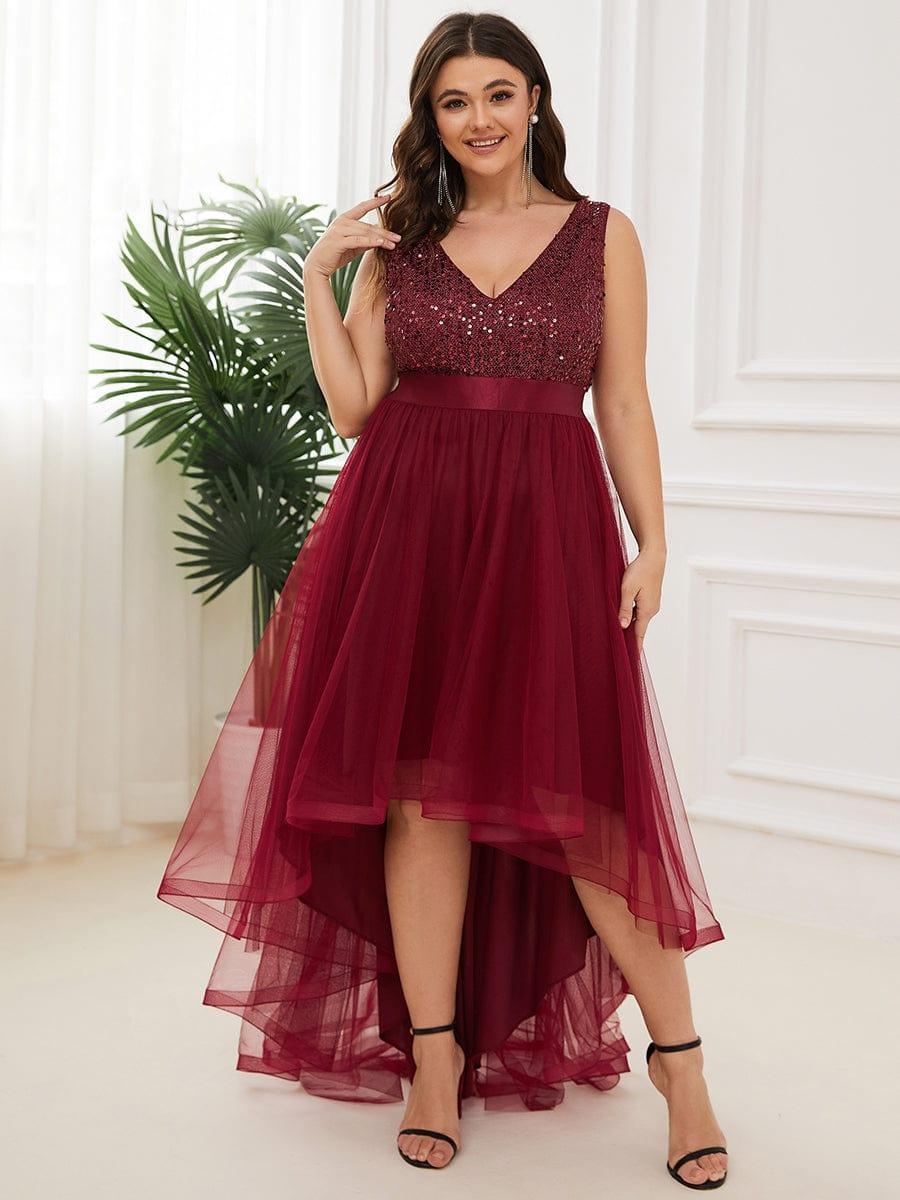 pretty CALLIE|Plus Size Sleeveless Sequin Ribbon Waist Tulle High Low Evening Dress
