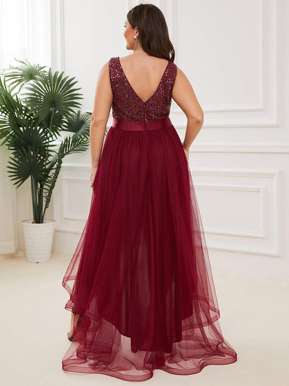 pretty CALLIE|Plus Size Sleeveless Sequin Ribbon Waist Tulle High Low Evening Dress