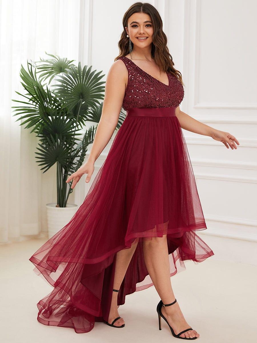pretty CALLIE|Plus Size Sleeveless Sequin Ribbon Waist Tulle High Low Evening Dress