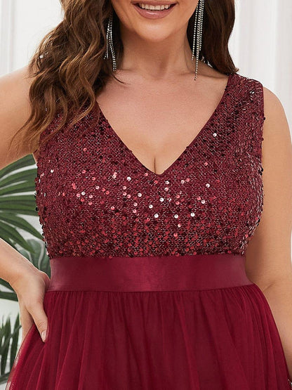 pretty CALLIE|Plus Size Sleeveless Sequin Ribbon Waist Tulle High Low Evening Dress