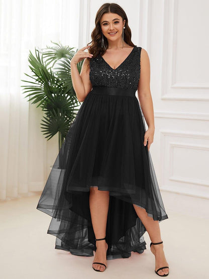 pretty CALLIE|Plus Size Sleeveless Sequin Ribbon Waist Tulle High Low Evening Dress