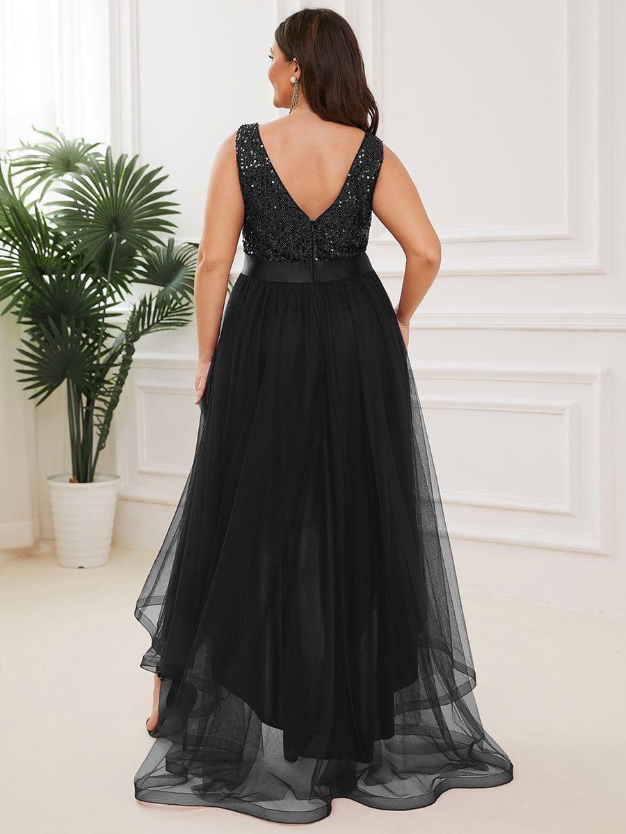 pretty CALLIE|Plus Size Sleeveless Sequin Ribbon Waist Tulle High Low Evening Dress