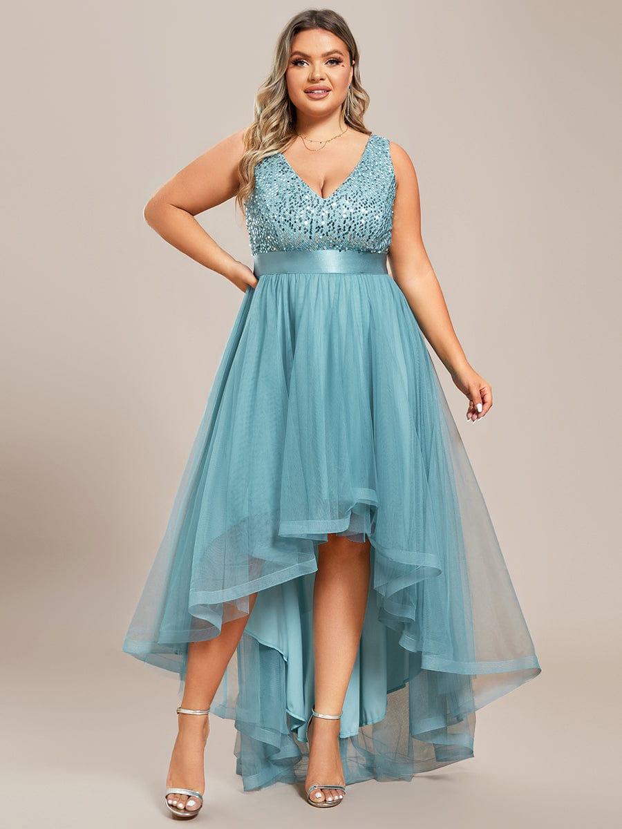 pretty CALLIE|Plus Size Sleeveless Sequin Ribbon Waist Tulle High Low Evening Dress