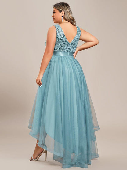 pretty CALLIE|Plus Size Sleeveless Sequin Ribbon Waist Tulle High Low Evening Dress
